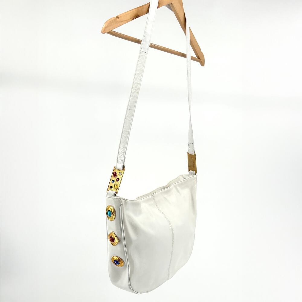 Vintage 80s Joseph B Exclusive White Leather Jewel-Embellished Satchel